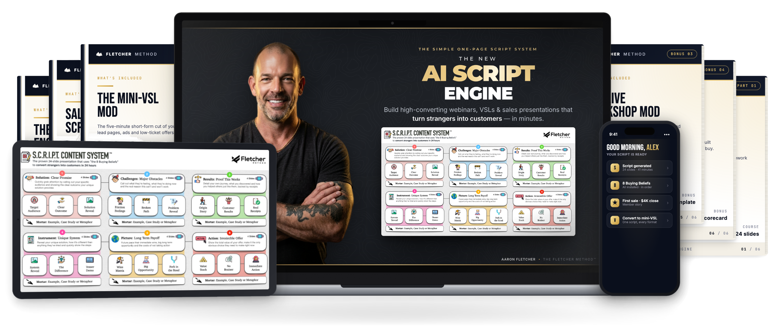 Everything included in the AI SCRIPT Engine — course, framework, AI tools and four bonuses